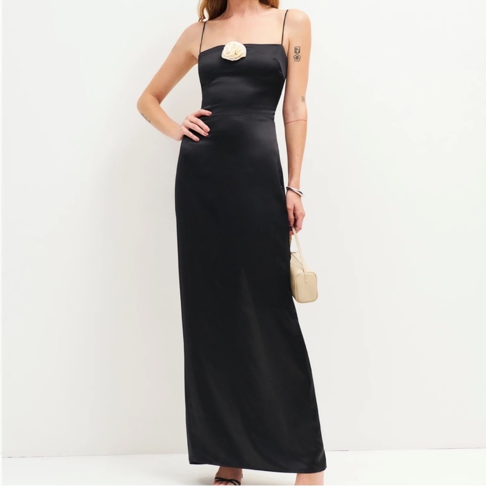 Reformation Frankie Silk Dress in Black White Rosette - Picture 4 of 13